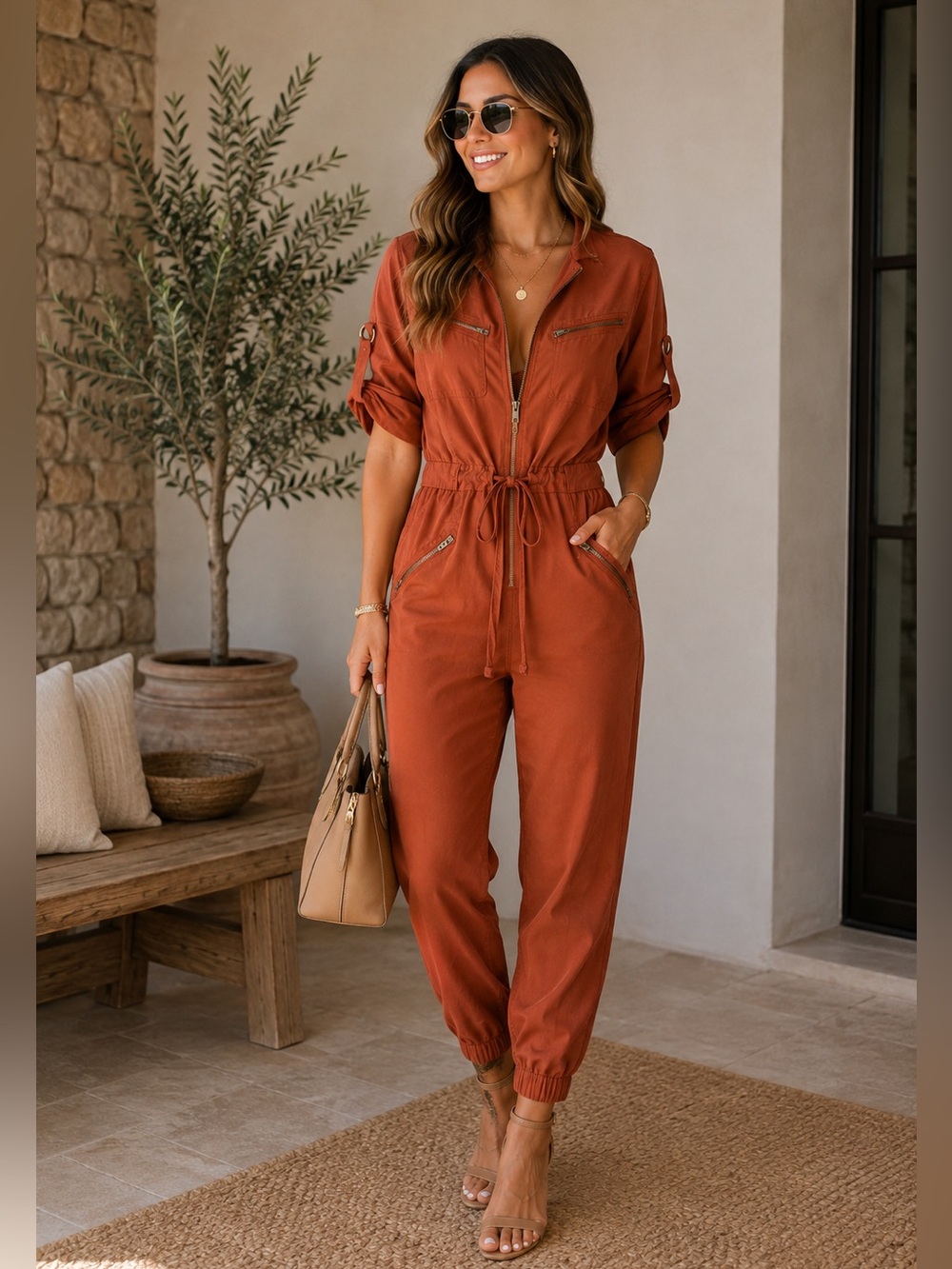 INSPR Designer Rust Orange Zip-Front Utility Jumpsuit